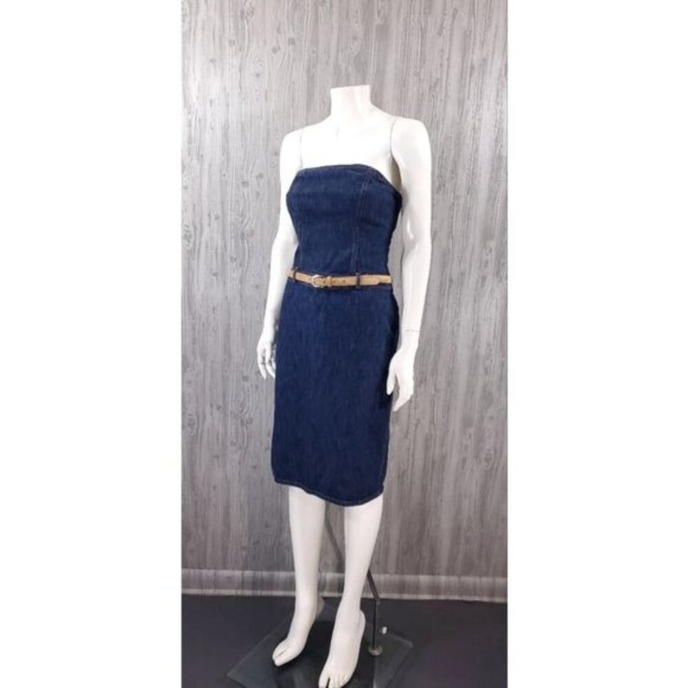 Vintage 90s Y2K Denim Jean Midi Dress J.Crew Sheath Classic Strapless